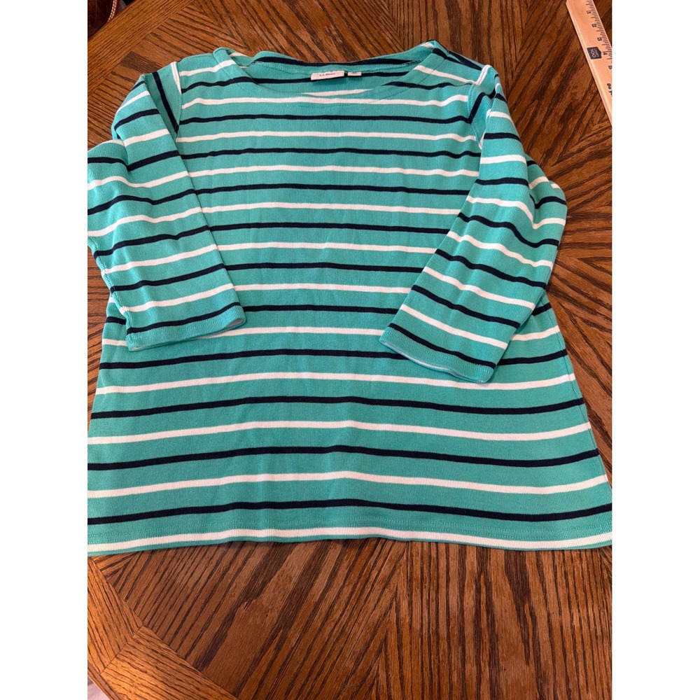 LL Bean Womens XL Regular Striped Ribbed Knit Top Teal White Navy Long Sleeve